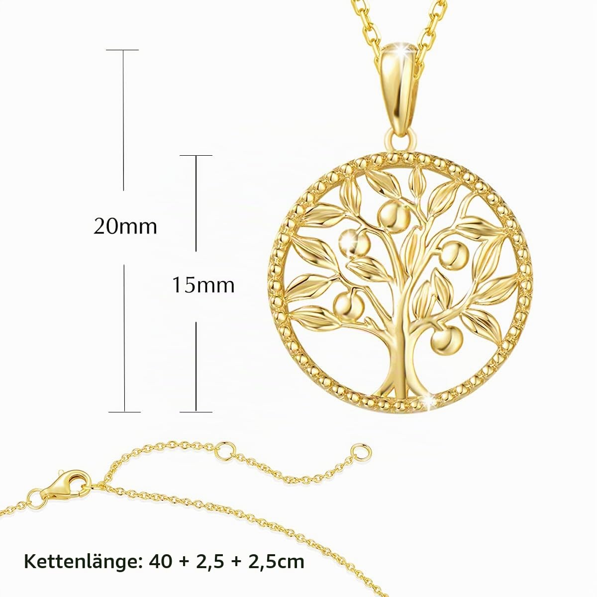 FANCIME Lebensbaum Kette aus Solide 14 Karat 585 Gelb Gold 15mm Durchmesser Anhänger Halskette Einfacher minimalistischer Geschenkschmuck für Damen Mädchen - Verstellbares Kettenlänge: 40 + 5 cm