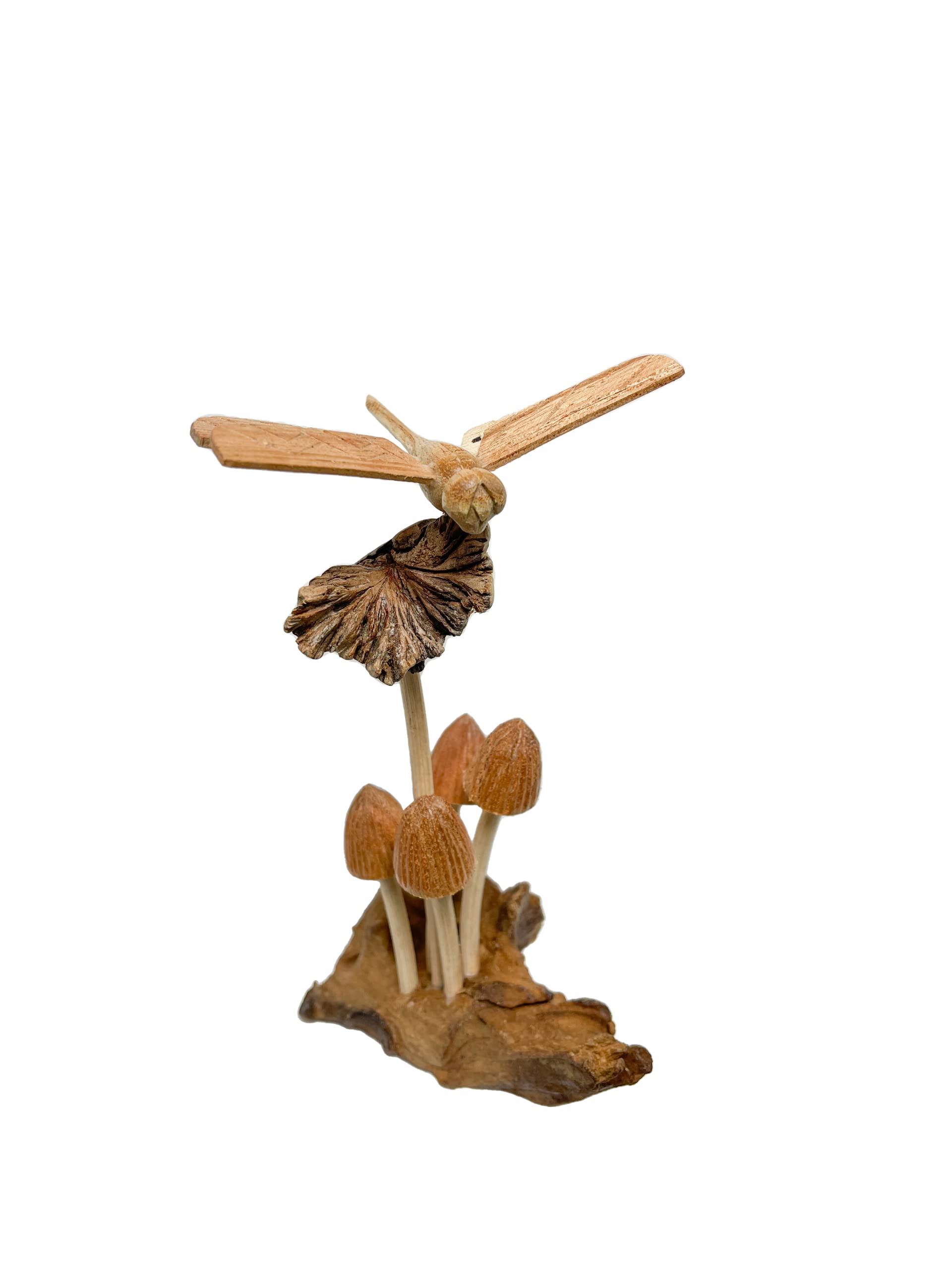 My Family House Hand Carved Dragonfly Ornament on Wooden Carved Mushrooms Toadstools with Log Base
