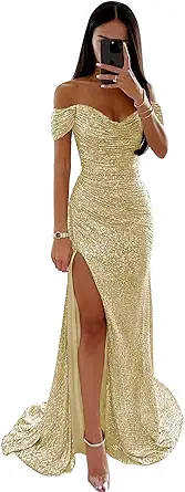 Sequin Prom Dresses for Women Off Shoulder V-Neck Long Ball Gown with Slit Formal Evening Party