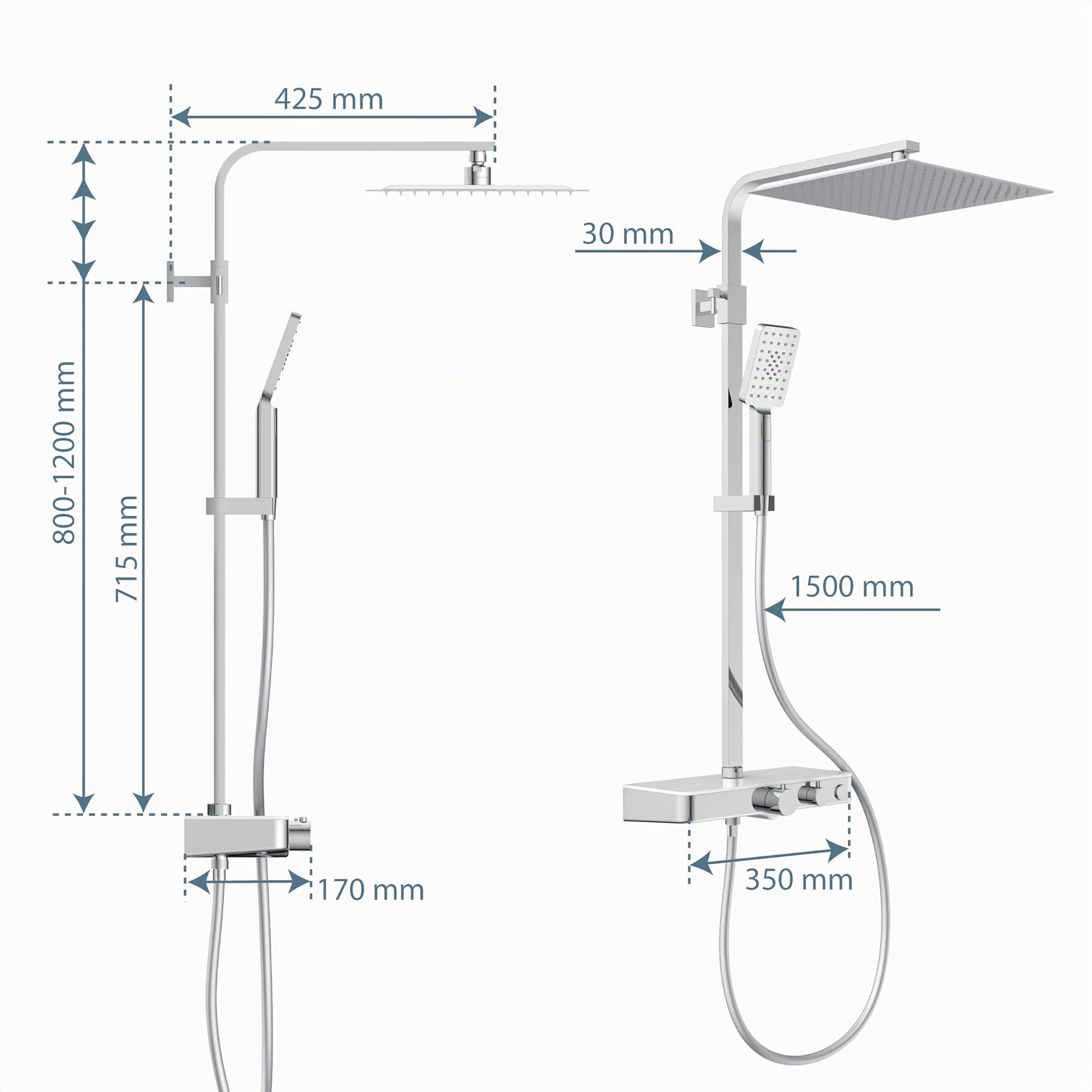 Schütte Sistema termostato y Estante de Cristal – Juego 30 x 30 cm, Lluvia con Soporte de Pared y alcachofa Columna de Ducha en Cromo/Blanco 60530