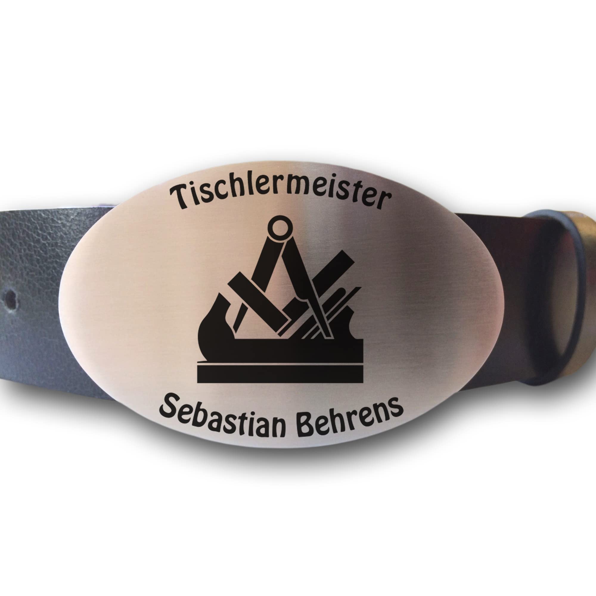 Ledergürtel mit ovaler Gürtelschnalle Zunftzeichen Tischler und Wunschgravur personalisiert Dein Text Name Firma Gürtel Geschenk Tischlerin