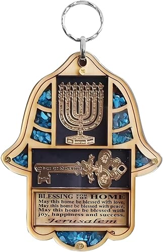 Bendición de madera judía de la menorá Hamsa para el hogar, decoración de pared de buena suerte con turquesa simulada
