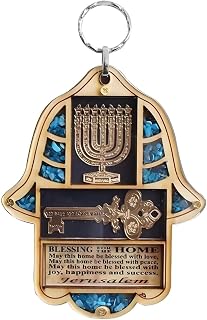 Jewish Wooden Hamsa Menorah Blessing for Home - Good Luck Wall Decor with Simulated Turquoise