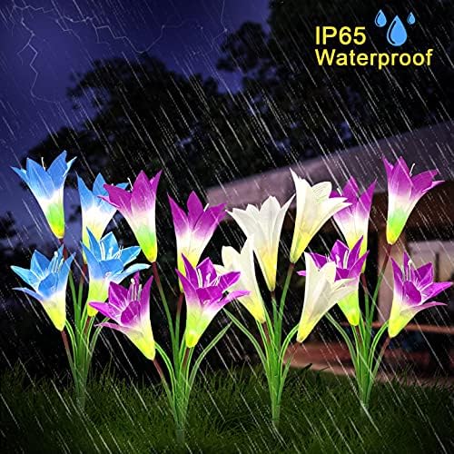 Solar Lights Outdoor Garden, 4 Pack Solar Powered Outdoor Ornament Lights with 16 Lily Flowers Outside Lights, Waterproof Multicolour Garden Solar Lights for Garden Fence Gate Patio Christmas Gifts