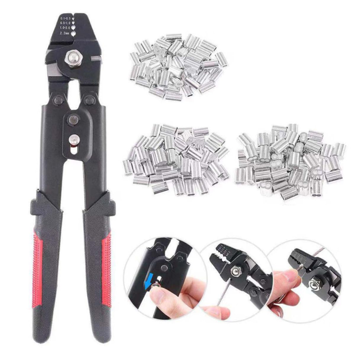Pinza Crimpatrice per Cavi con Manicotto, Acciaio al Carbonio | 180 Manicotti in Alluminio a Doppio Barilotto, 4 Posizioni di Crimpatura, Modelli M1.2 M1.5 M2