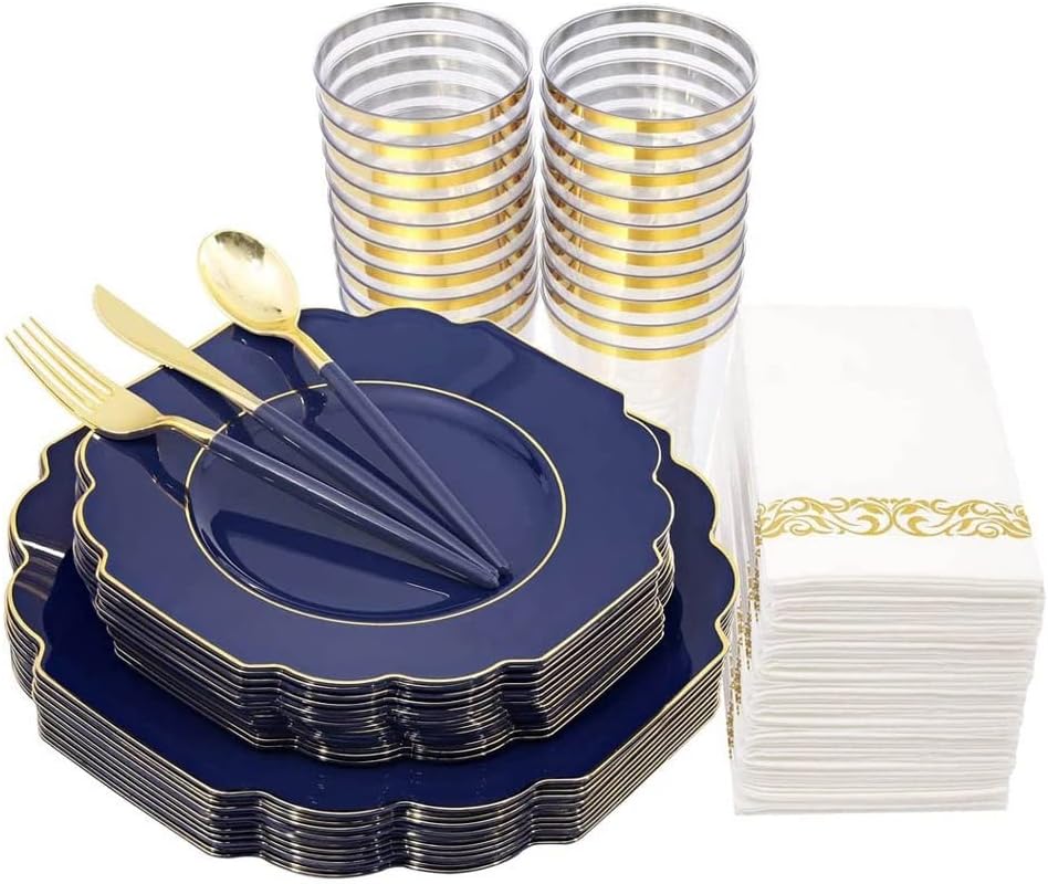 50Pcs Blue Plastic Plates Party Tableware Set Adult Birthday Party Decoration Wedding Tableware,