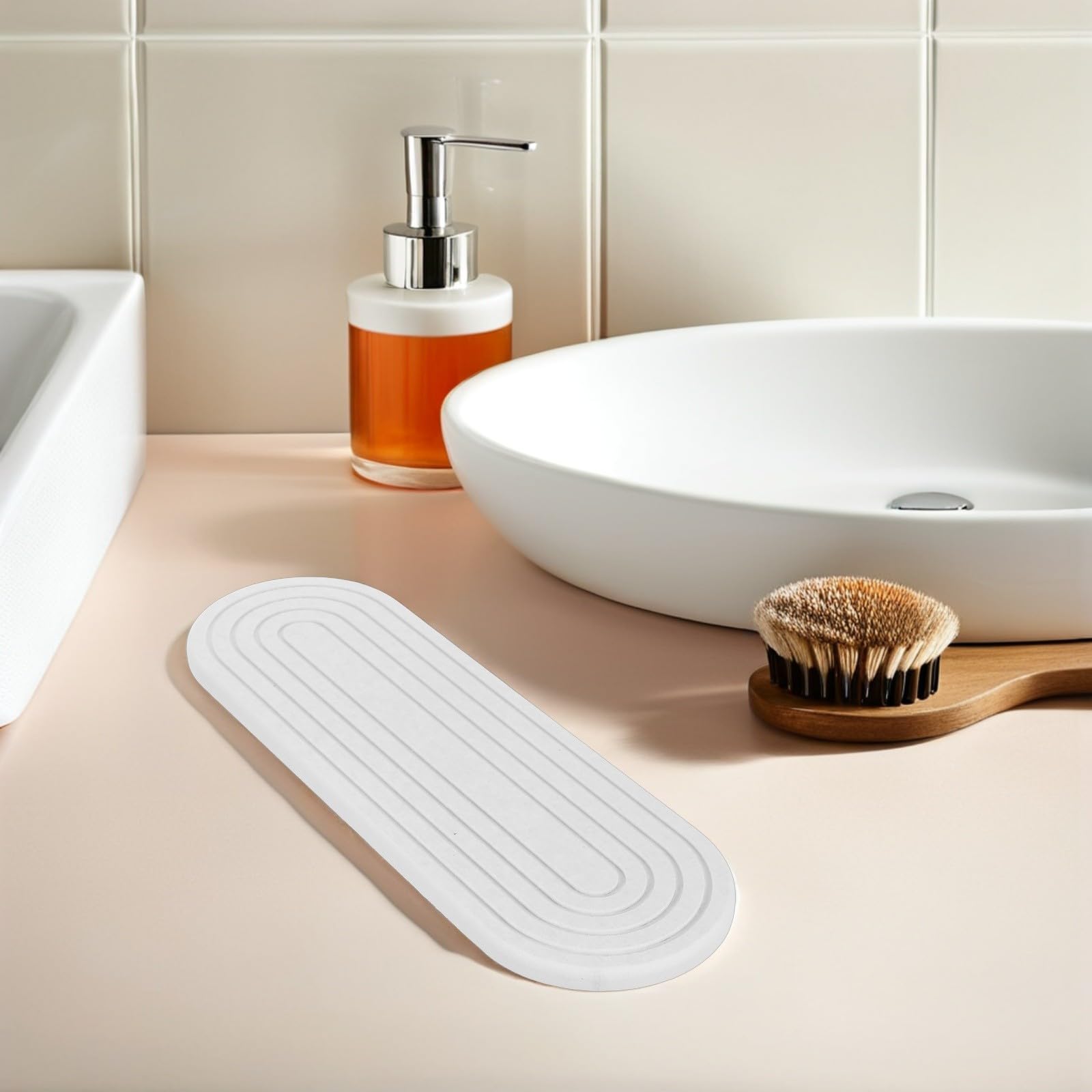 Vassoio in Pietra Diatomacea Bianco Assorbente per Bagno e Cucina Supporto in Legno Stabile e Asciugatura Rapida per Porta Bicchiere da Denti