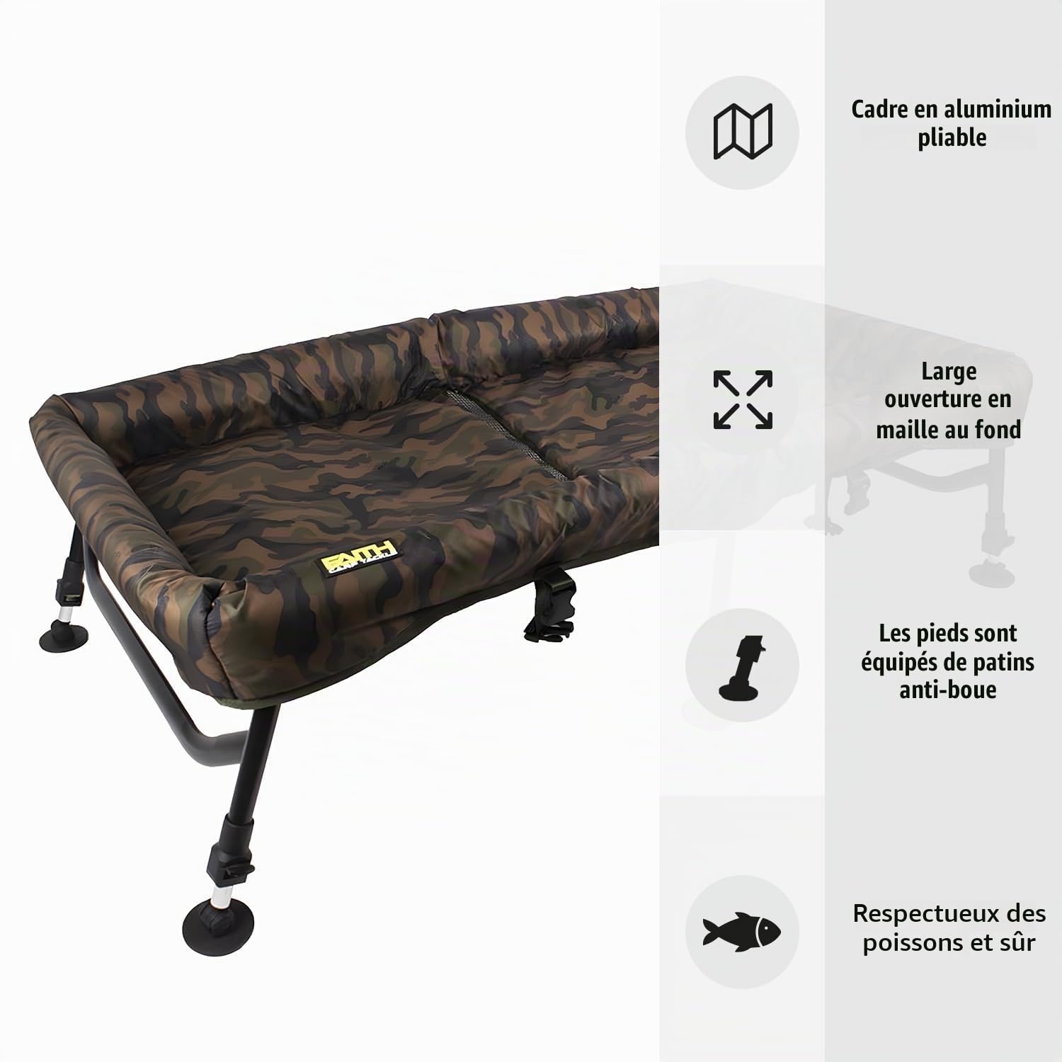 Faith Carp Cradle - Tapis pliable de décrochage de carpe en camouflage - Cadre en aluminium - Pieds en terre - Matelas épais - Lieu de décrochage sûr pour les pêcheurs de carpe