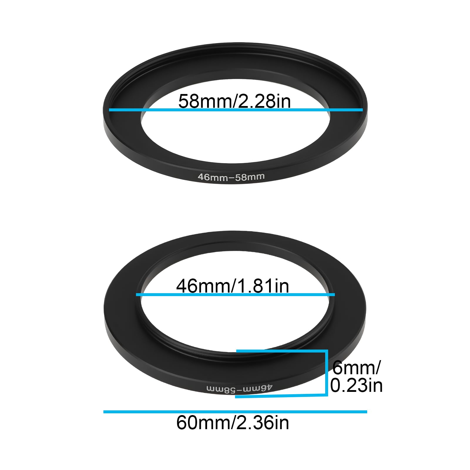 Lot de 2 bagues d'adaptation Step Up en alliage d'aluminium 46 mm à 58 mm Filetage 0,75 mm pour filtre d'appareil photo