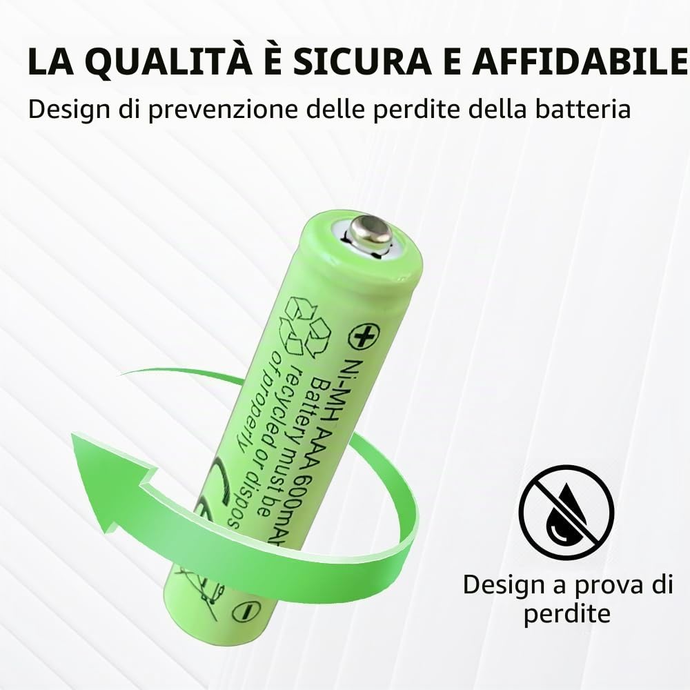 Batterie ricaricabili Ni-MH AAA, 1,2 V, capacità 600 mAh, ad alta capacità, adatte per più telecomandi/luci notturne solari, confezione da 8
