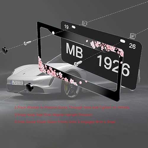 Miniatura 4 de Marco de matrícula con diseño de flor de cerezo, marcos decorativos para placa de automóvil, soporte de metal de aluminio para matrícula estándar de