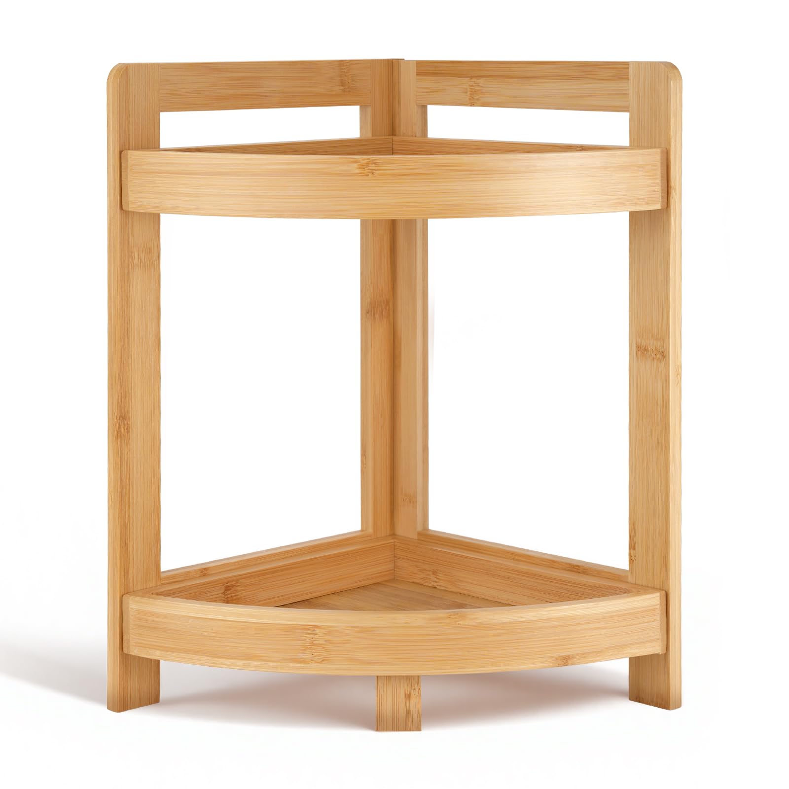 Photo 1 of 2026 New Bamboo Standing Shelf, 2 Tier Corner Shelf Stand, bathroom counter/sink organizer, Triangular Curved Corner Shelf Stand for Space-Saaving Display Ideal for Bathroom/Kitchen/Living Room