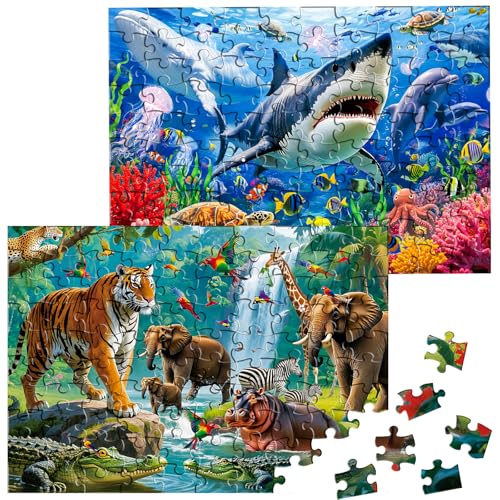 SITODIER 2 Sets 100PCS Undersea World and Forset Animals Jigsaw Puzzles for Kids Boys Gilrs 3 4 5 6 7 Years Old Educational Learning Toy Birthday Gifts
