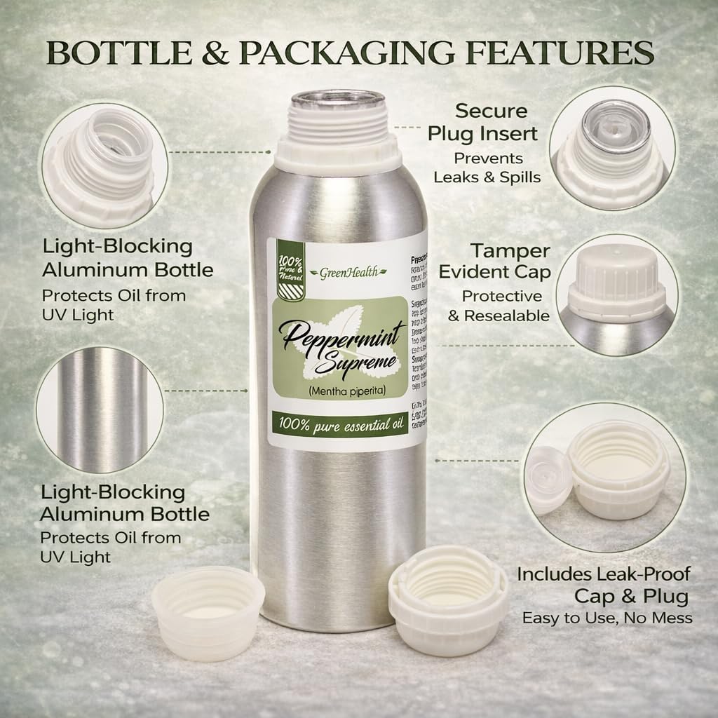 Peppermint Essential Oil – 100% Pure Mentha Piperita – GreenHealth – 8 fl oz (237 ml) Aluminum Bottle with Plug Cap – Aromatherapy, Diffusers, DIY, Candles, Fresh Home Scent