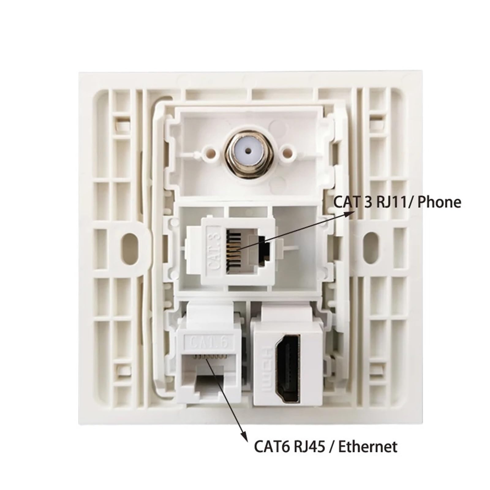 F-Typ TV-DTV-Anschluss CAT3 RJ11 Telefonbuchse Panel mit HDMI 2.0 CAT6 RJ45 LAN-Wandpaneelbuchse (Weiß) (86 x 86 mm Frontplatte)