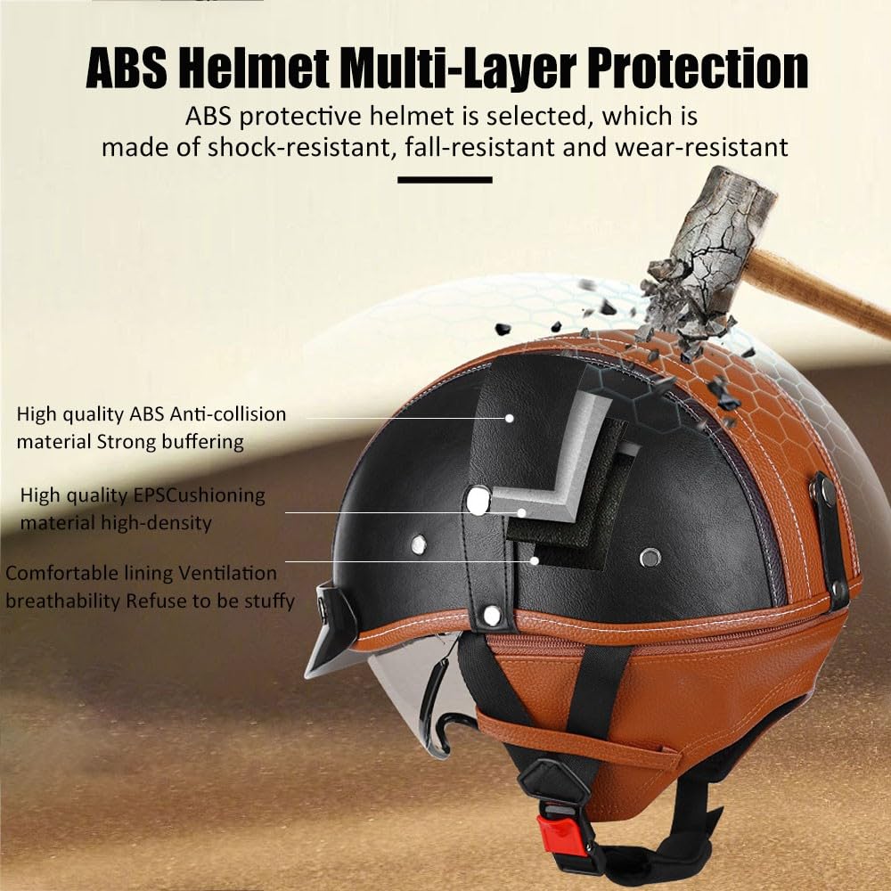 Retro Leder Halbschalenhelm ECE-zertifizierter -Design mit Hochfestem ABS PC-Visier - Abnehmbares Innenfutter, Schnellverschluss, für Chopper/Moped/Roller - HerrenDamen (C, L57~58CM)