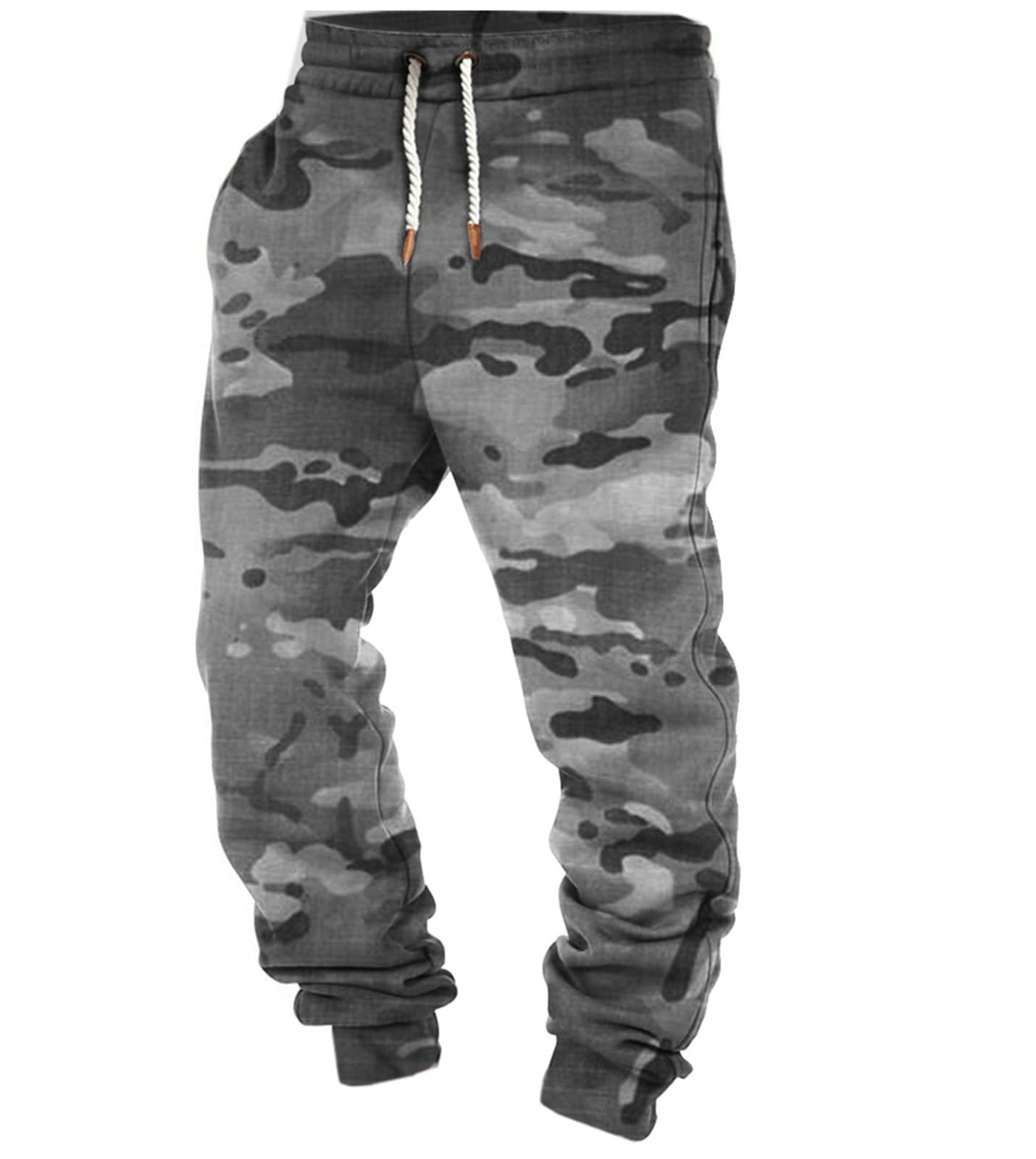 Xusai Men's Gray Camouflage Vintage Fleece Sweatpants Casual Loose Drawstring Jogging Pants,,3Xl