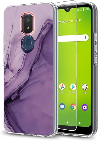 Cricket Icon 3 Case3rd Version/At&t Motivate 2 Case2nd/Cricket Splendor W/HD SCREEN PROTECTOR2 PACK,Slim Anti-Scratch PC TPU Shockproof Cute Girl Women Protective Cover Purple White Black Marble