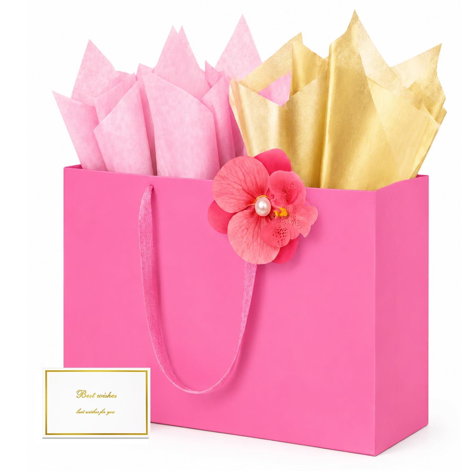 HONTIUS 15.75'' Large Gift Bags, Phalaenopsis Orchid Clip Presents Big Paper Gift Bags with Tissue Papers and Card, 40*30*12.5cm Wedding Birthday Party Present Bridesmaid Gift Gifts Bag with Cards J