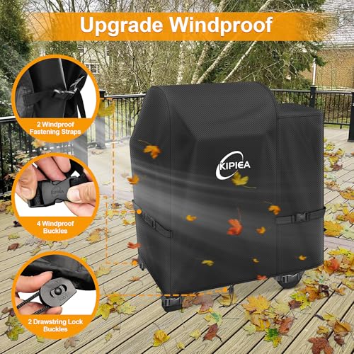 Image of Kipiea 600D Heavy Duty Pellet Grill Cover for Weber Searwood 600 & Smoque, Waterproof Wood Pellet Smoker Cover with Windproof Buckles, UV Resistant, No Tear, No Fading