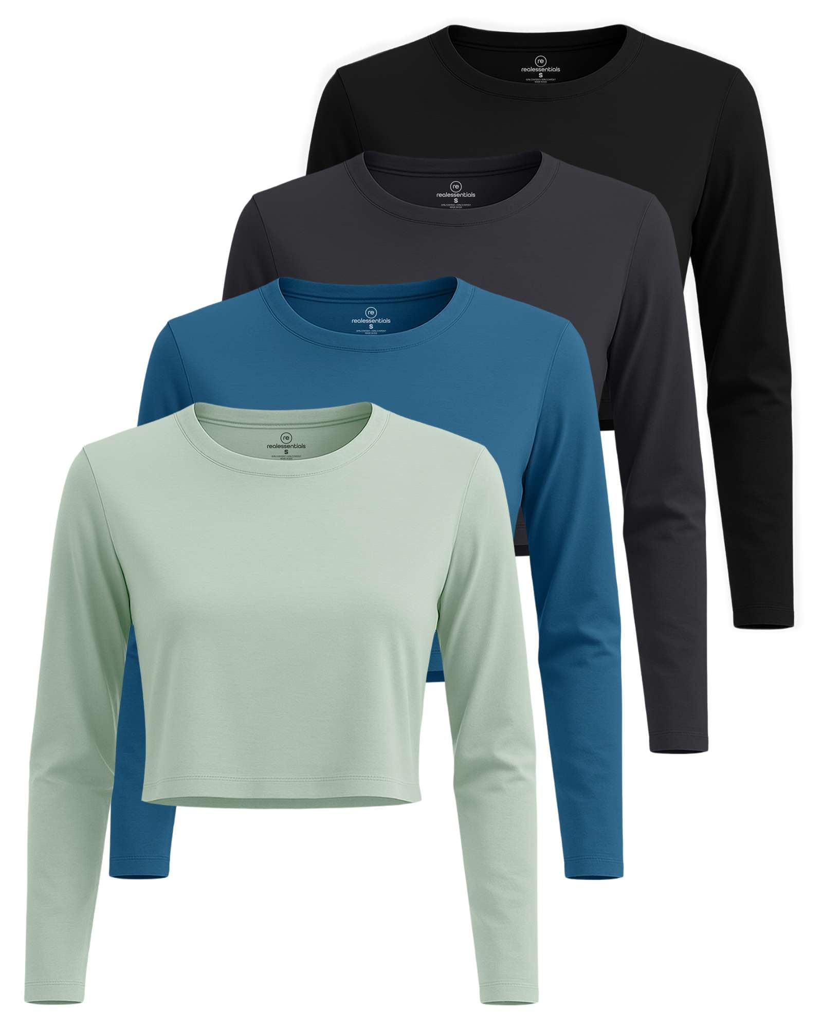 Real Essentials 4 Pack: Women's Cotton Long Sleeve Crew Crop Top - Casual Cropped T-Shirt (Available in Plus Size)
