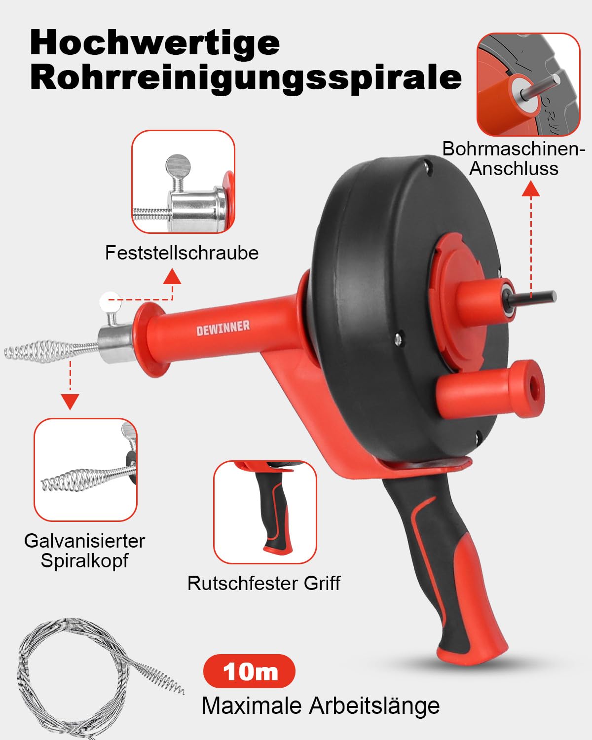 DEWINNER Rohrreinigungsspirale 10m mit Bohraufsatz - Manuell & Elektrisch Abflussreiniger Komplettset inkl. Handschuhe - Für Küche, Waschbecken, Dusche, Badewanne