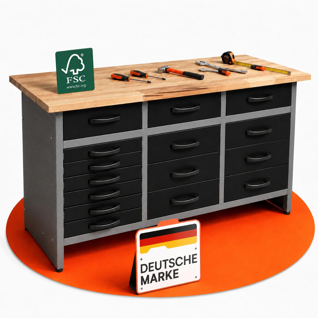 Ondis24 Werkbank Konny Werktisch 15 Schubladen 160x60x85 cm bis 450kg | Buchenholzarbeitsplatte , Metall bis 450kg belastbar