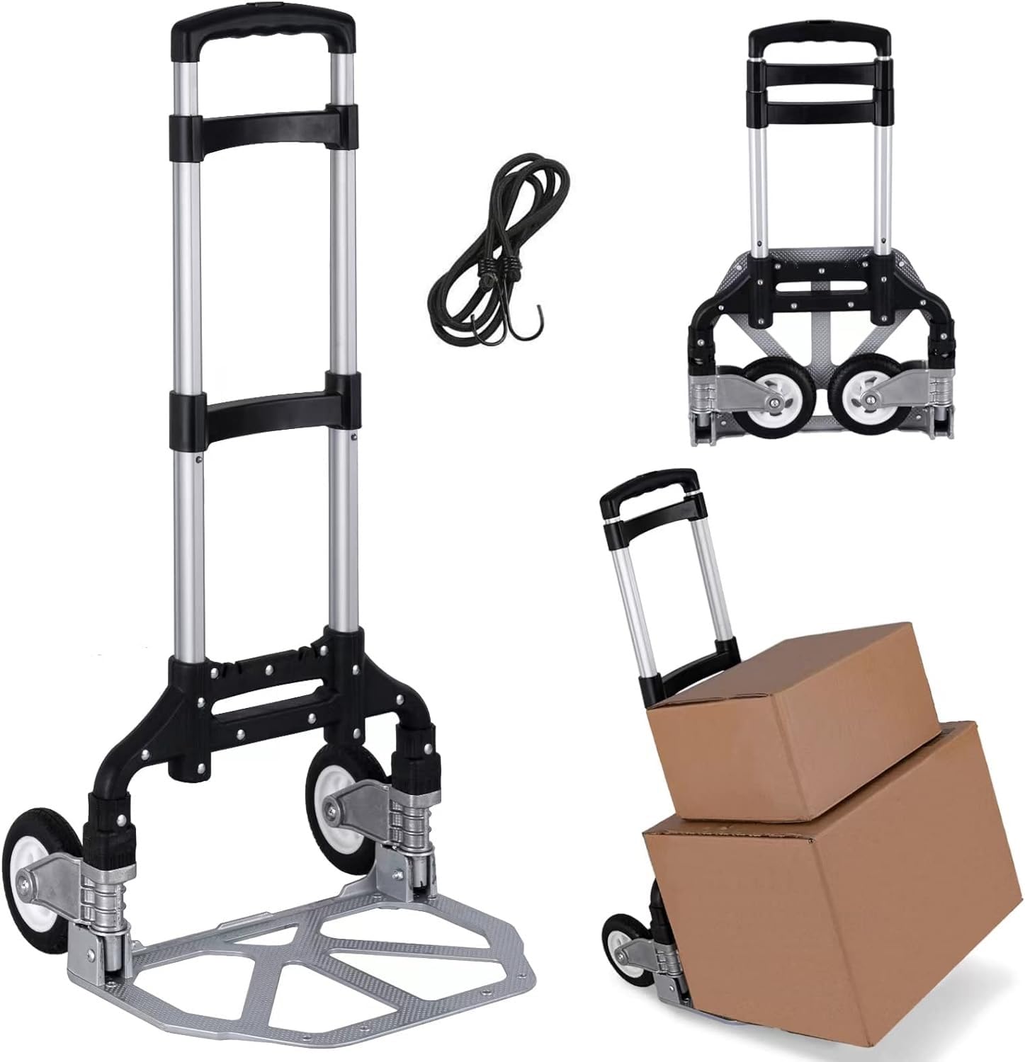 NETXE Portable Folding Luggage Trolley Cart Hand Truck Aluminium Cart and Dolly 75 Kg Capacity with Bungee Cord Rope Telescoping Handle PVC 2 Wheels Trolley-image-26