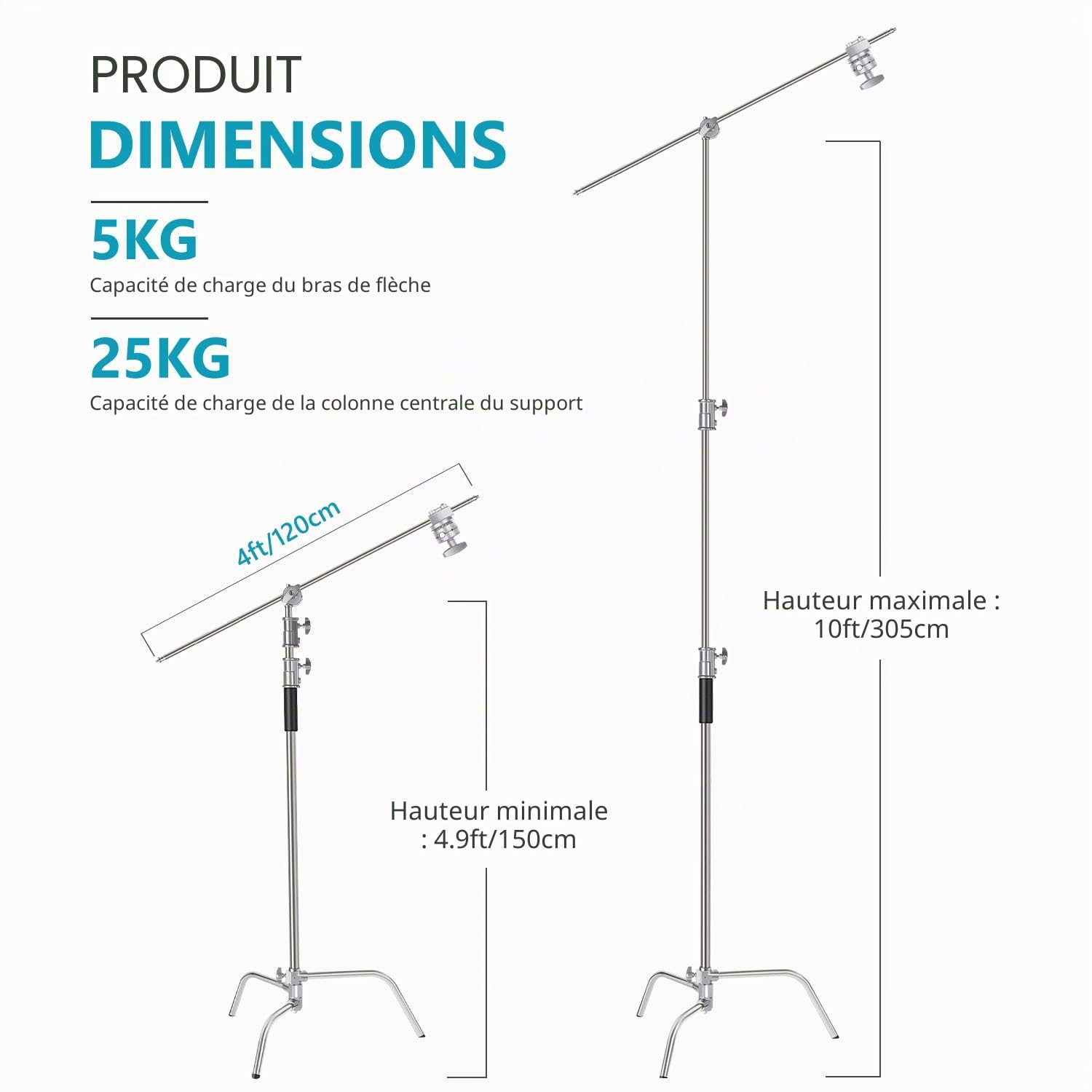 Neewer Support d'éclairage en C de 3 m avec Bras d'extension de 1,2 m, 2 têtes de préhension et Sac de Transport pour réflecteur vidéo, Parapluie, monolight, etc. (Version Basique)