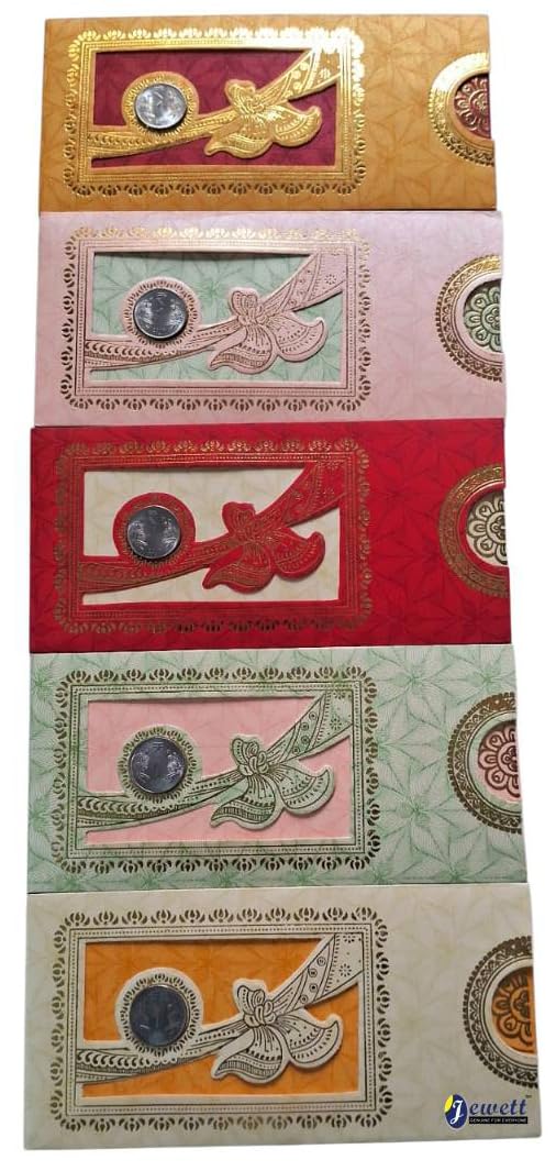 Jewett Shagun envelop with coin, wedding shagun envelope with coin, Designer Sagan Cash Money Envelopes, Anniversary, Birthday and many other Occasions (Multicolor) (Pack of 50) 1