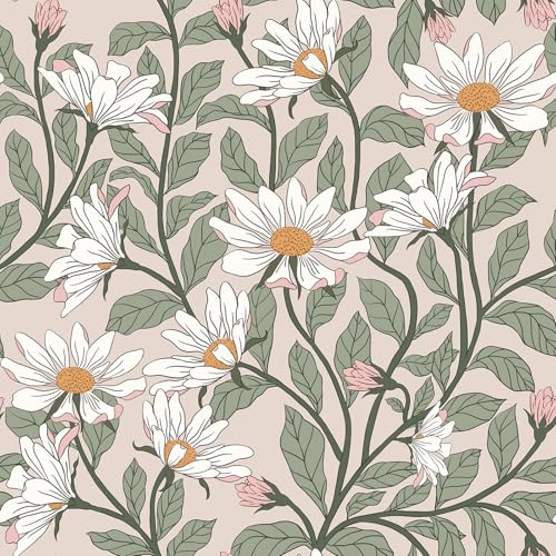 Peel and Stick Contact Paper Daisy Floral Wallpaper - Blush Pink Green Removable Wall Mural, Self-Adhesive Peel-and-Stick Decor for Bedroom Accent Wall, Waterproof Vinyl Wallpaper Roll,17.3'x 78.7'