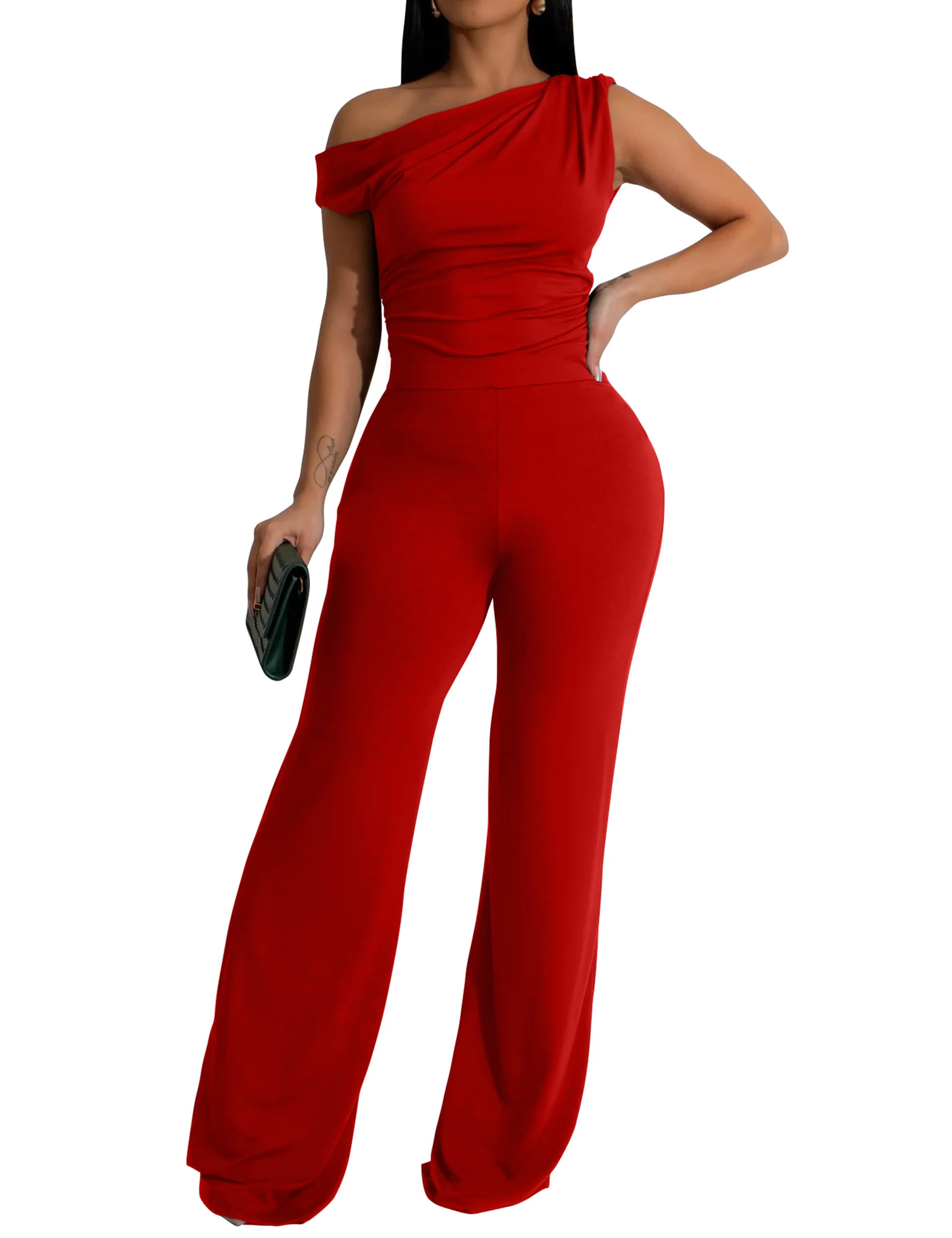 GOKATOSAU Women's One Off Shoulder Sleeveless Ruched High Waist Long Wide Leg Pants Jumpsuit