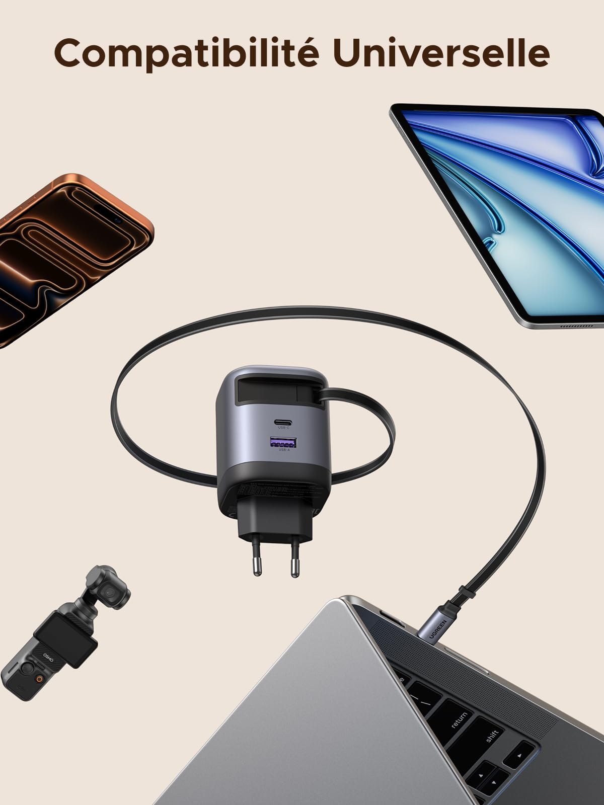 UGREEN Nexode 65W Chargeur USB C Rapide avec Câble Rétractable Intégré GaN Tech Compatible avec iPhone 17 Pro Max Air 16 15 14 13 12 iPad MacBook Pro Air Neo Galaxy PPS 45W S26 S25 S24 Pixel 10 9 8