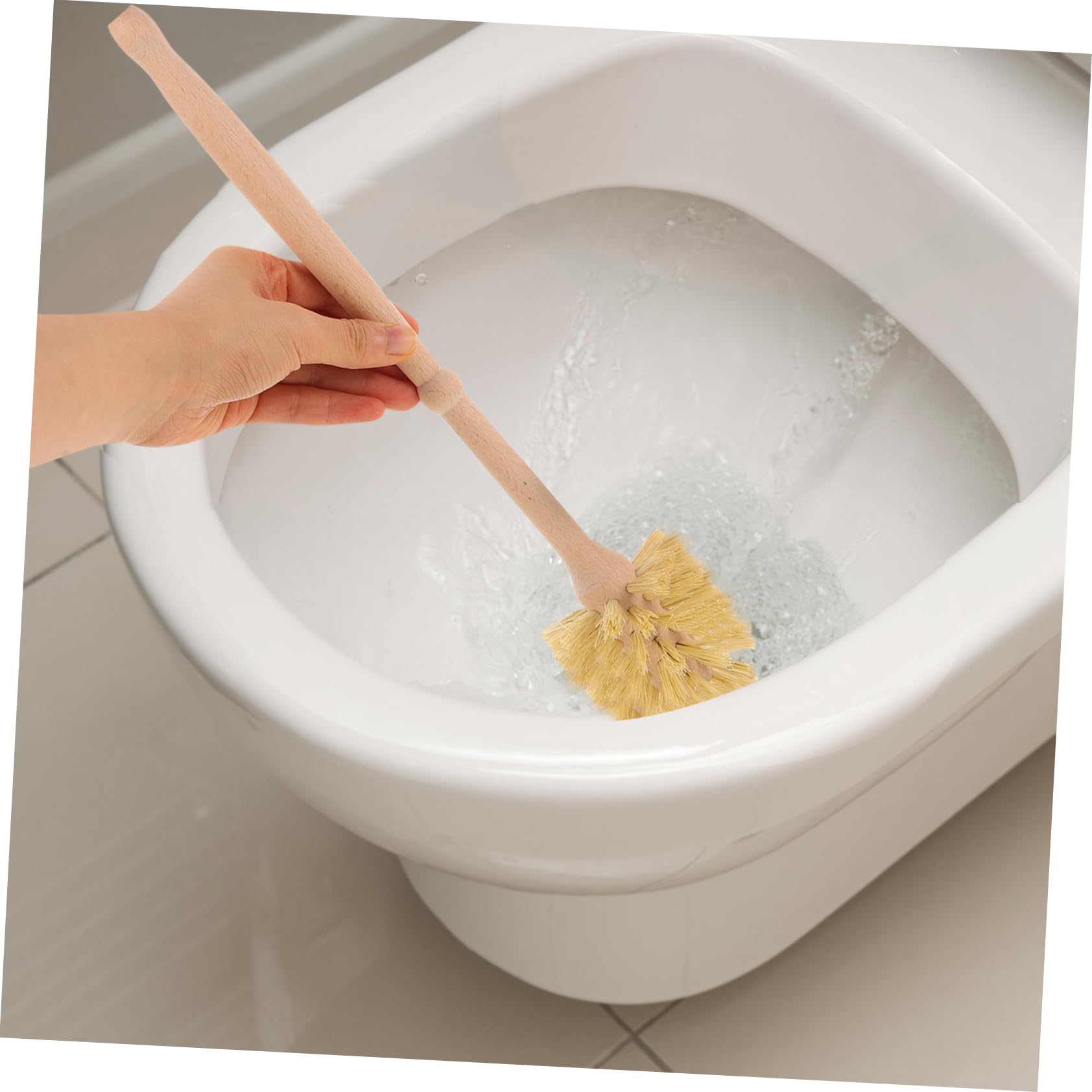 Cepillo de Limpieza para Inodoro de Mango Largo 1 Set | Base de Madera y Cerámica, Color Khaki, Uso en Baño y Hotel, Limpieza sin Rincones Muertos