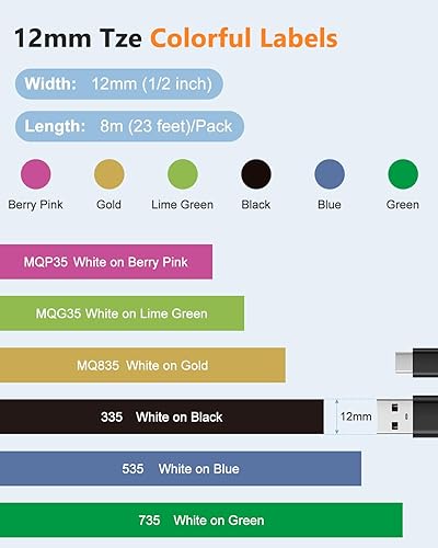 Vista 3 de 6 cintas TZ de 0.47 pulgadas laminadas de 0.47 pulgadas de repuesto para cinta de etiquetadora Brother, compatible con Brother PTouch Label Maker