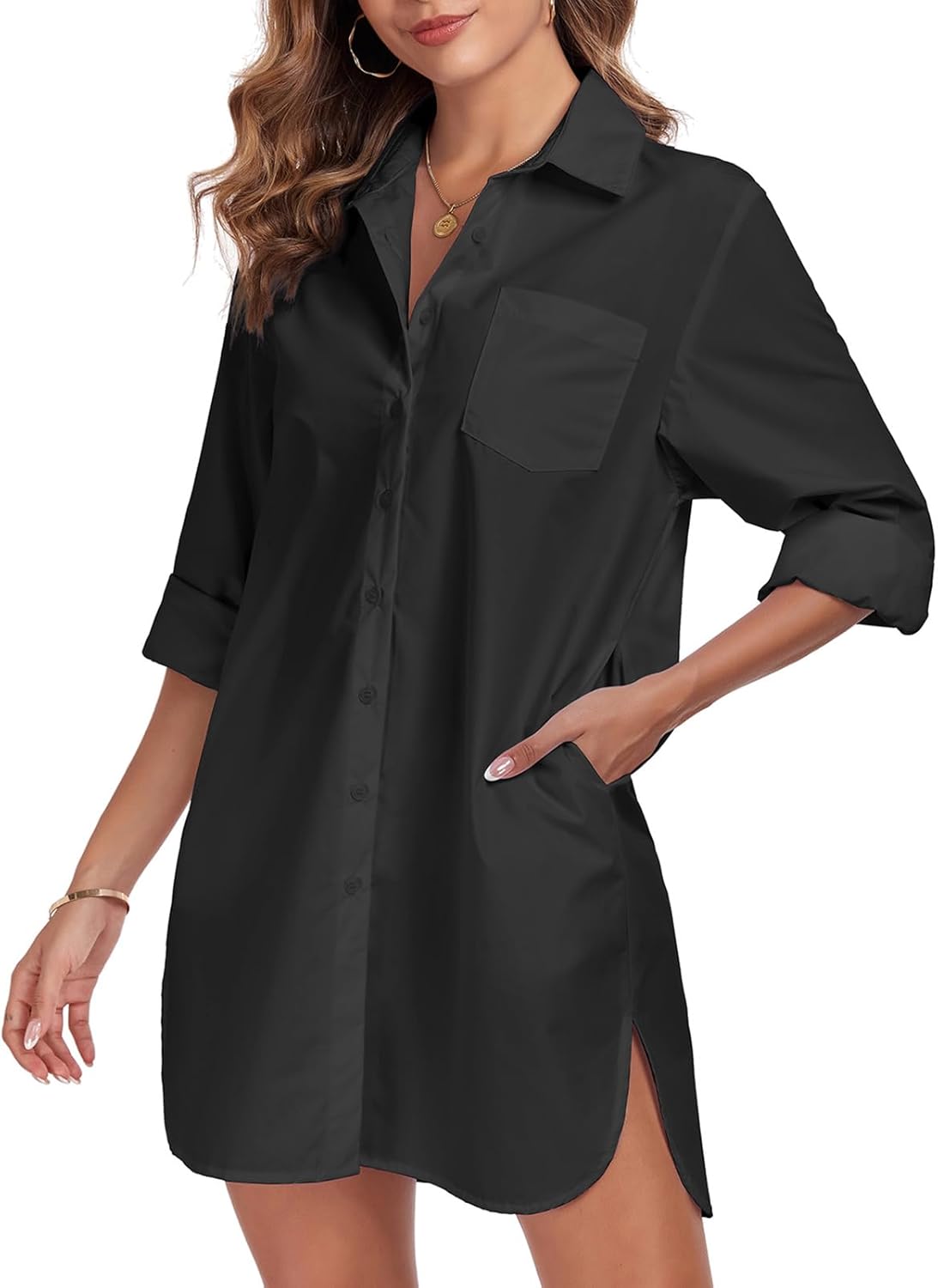 Women's Button Down Shirt Dress with Pockets Oversize Collared Long Sleeve High Low Tunic Dresses Blouse - Image 2