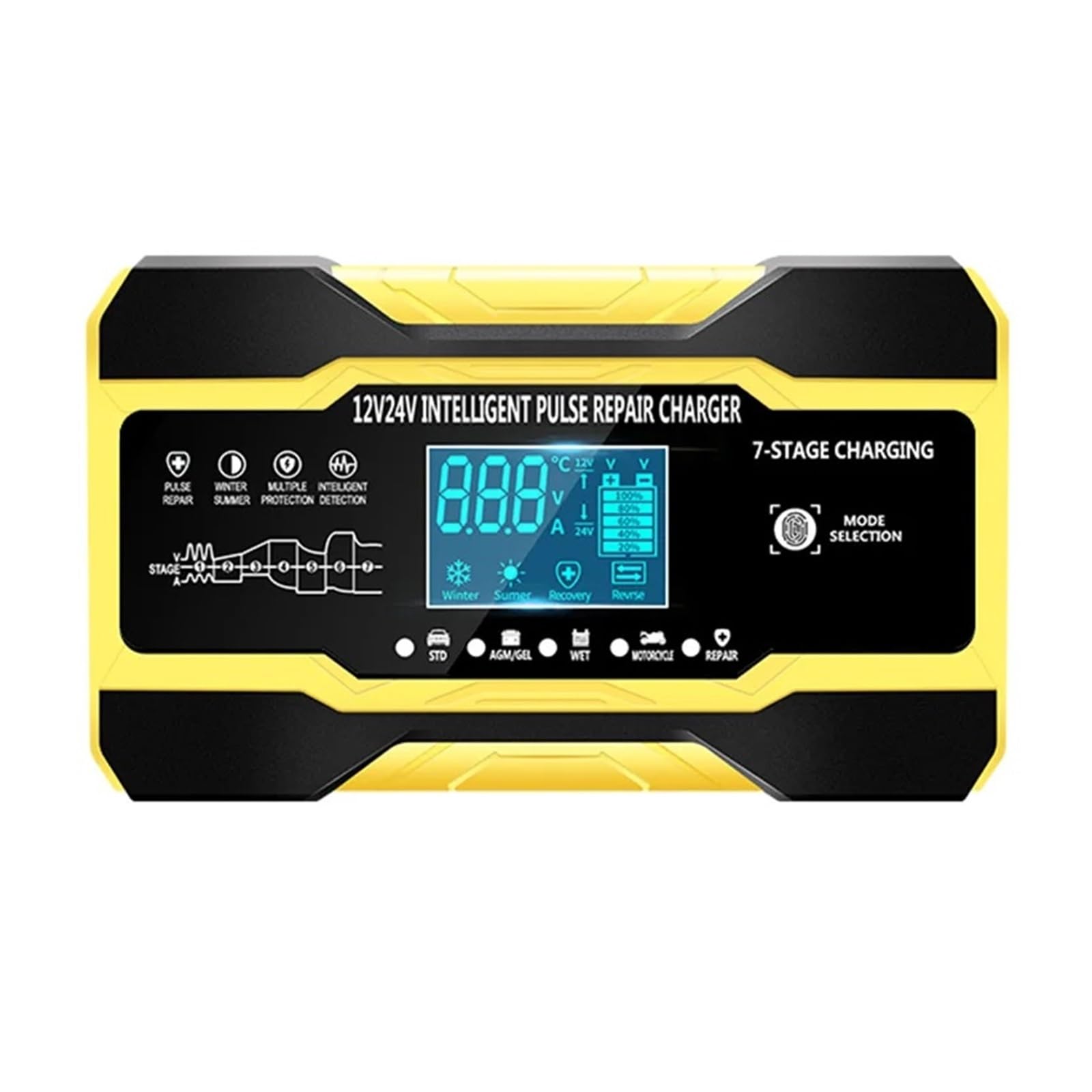 W Pełni Automatyczna Ładowarka Samochodowa 12V 10A 24V 5A Inteligentne Szybkie Ładowanie Dla AGM GEL WET Ładowarka Do Akumulatora Kwasowo-ołowiowego Wyświetlacz LCD Szybkie I Wydajne łAdowanie(Yellow)