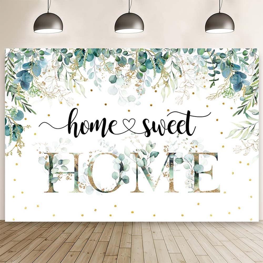 Photo 1 of 7x5ft Home Sweet Home Backdrop Green Gold Leaves Housewarming Party Photography Background House Warming Decoration Party Bridal Shower Wedding Party Cake Smash Glitter Dots Photo Studio Props