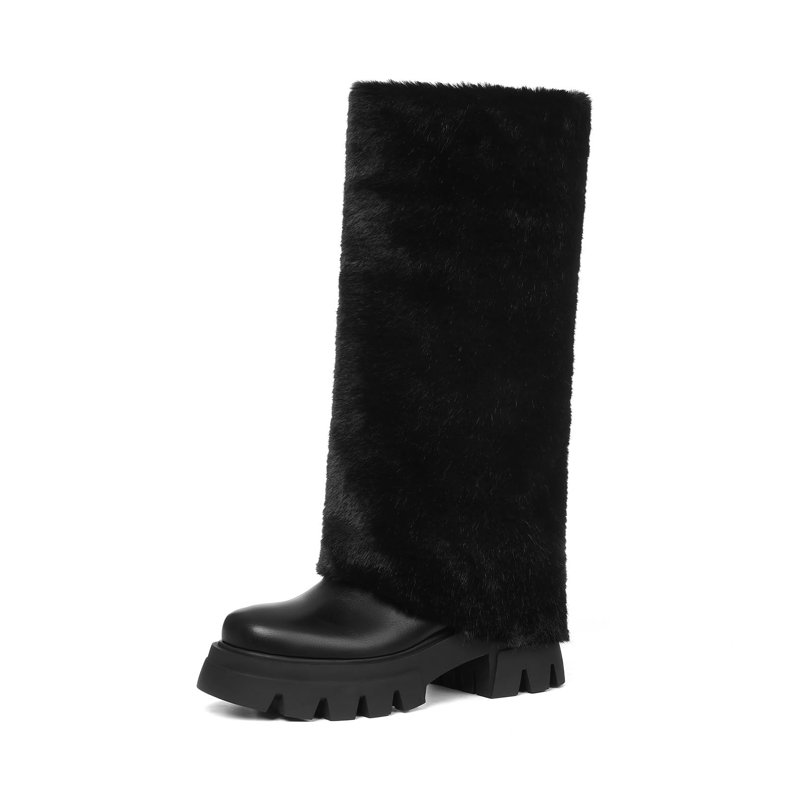 Knee High Heel Faux Fur Boots for Women Round Toe Chunky Platform Lug Sole Pull On Fashion Warm