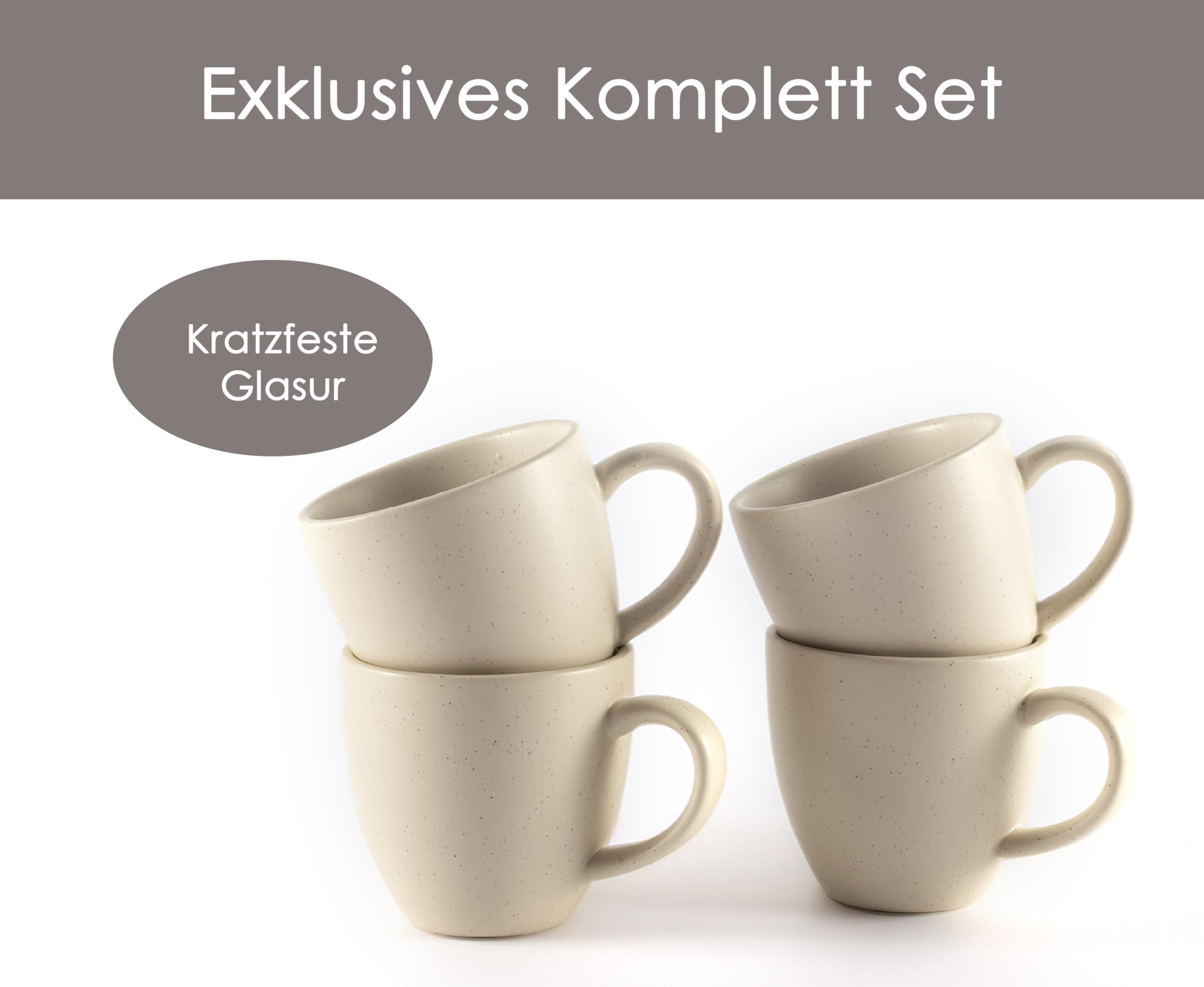 Hanseküche Set di 4 tazzine da espresso in gres di alta qualità, fatte a mano e con pareti spesse, tazzine da espresso in gres con piattini, beige, 75 ml
