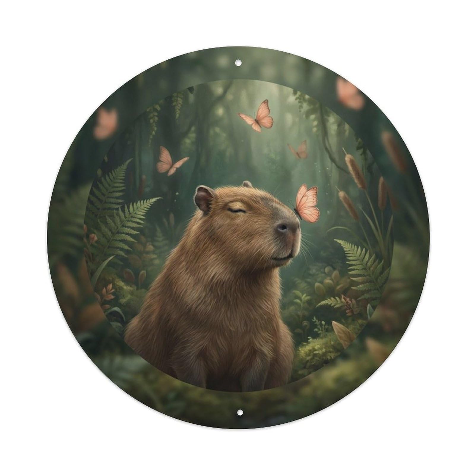 Capybara Cute Wildlife Peach Butterfly River Wetland Kawaii Metal Tin Sign Plaque Wall Decor for Cafe, Man Cave, Club Bar, Office, Home Garden Round Metal Poster 8x8Inch