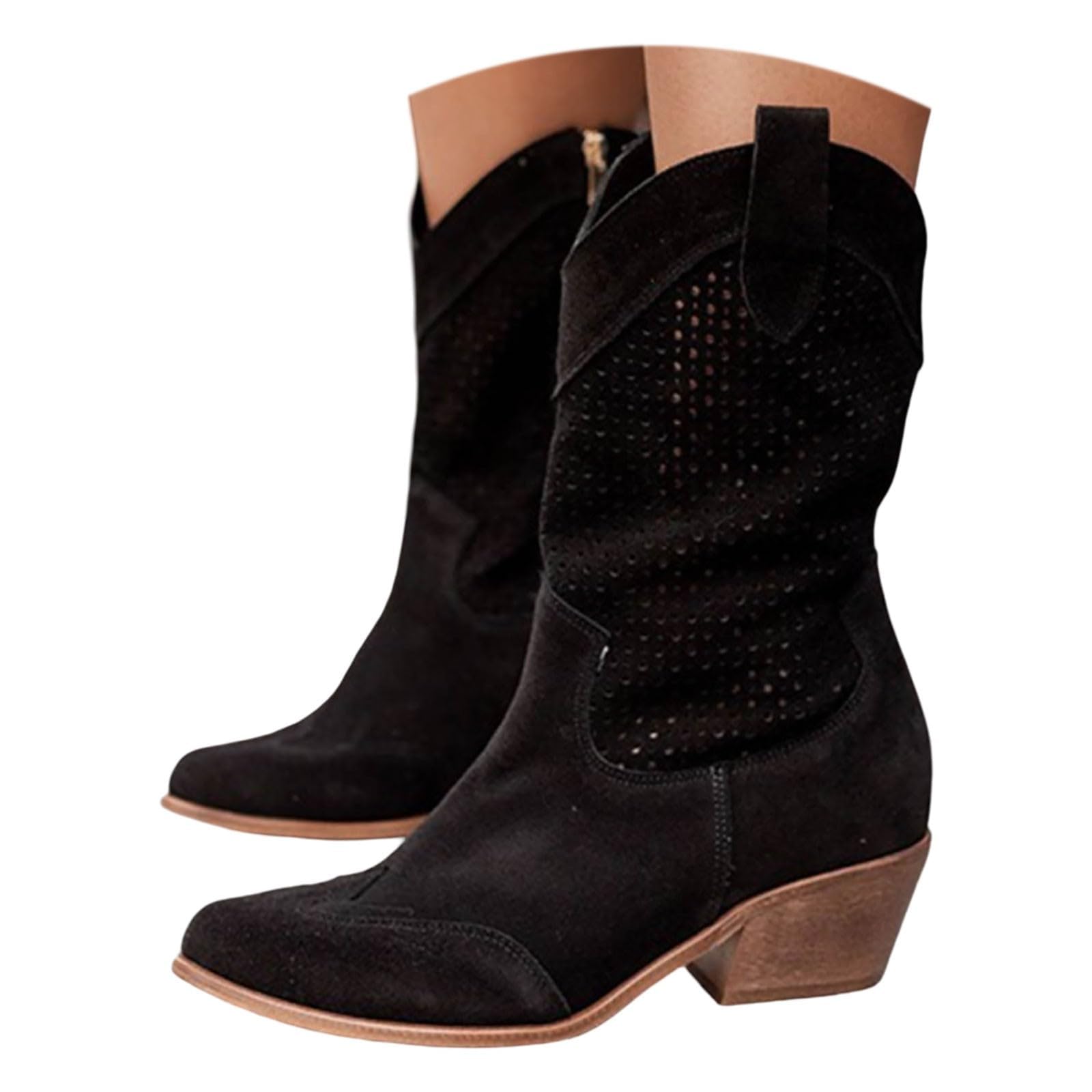 Womens Cowboy Booties Ankle Boots Western Short Boots Pointed Toe Suede Work Boots Side Zipper Comfortable Casual Mid