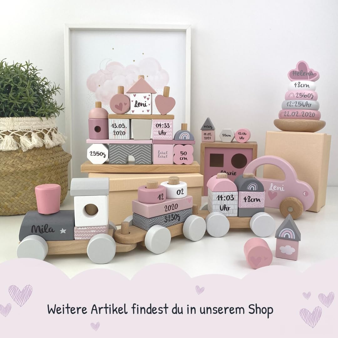 KIDSLINO Holz Eisenbahn rosa - personalisierbar I Geschenk zur Geburt Mädchen I Handmade Holzspielzeug mit Steckformen I Personalisierte Geschenke Baby I Holzzug mit Name & Geburtsdaten