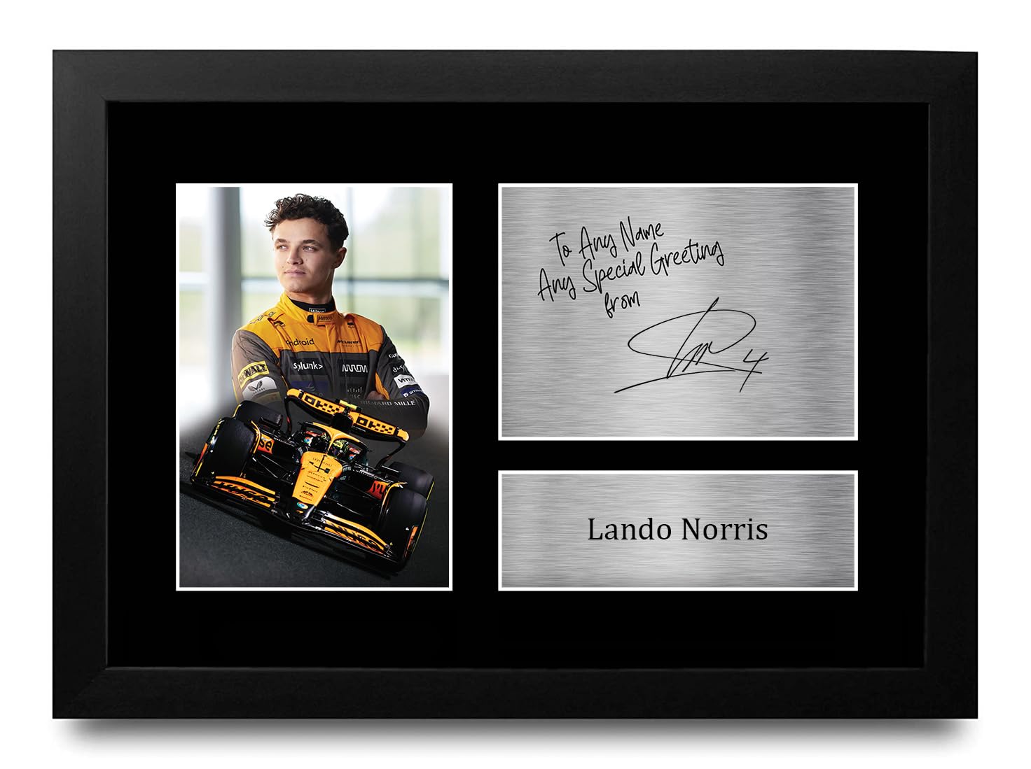 HWC Trading Lando Norris McLaren Racing F1 Personalised Gift - Signed Autograph Picture, Framed A4 F1 Memorabilia with Custom Name Message for Birthday Christmas Wedding