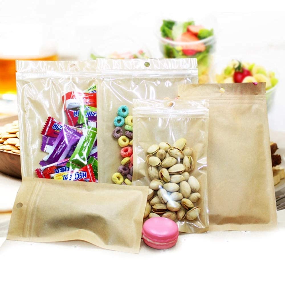 Bolsas ziploc, 100 Uds. Bolsas con Cierre Frontal de plástico Transparente tamaño pequeño Papel Kraft marrón resellable Poly(24x37cm (9.4x14.6 Inch))