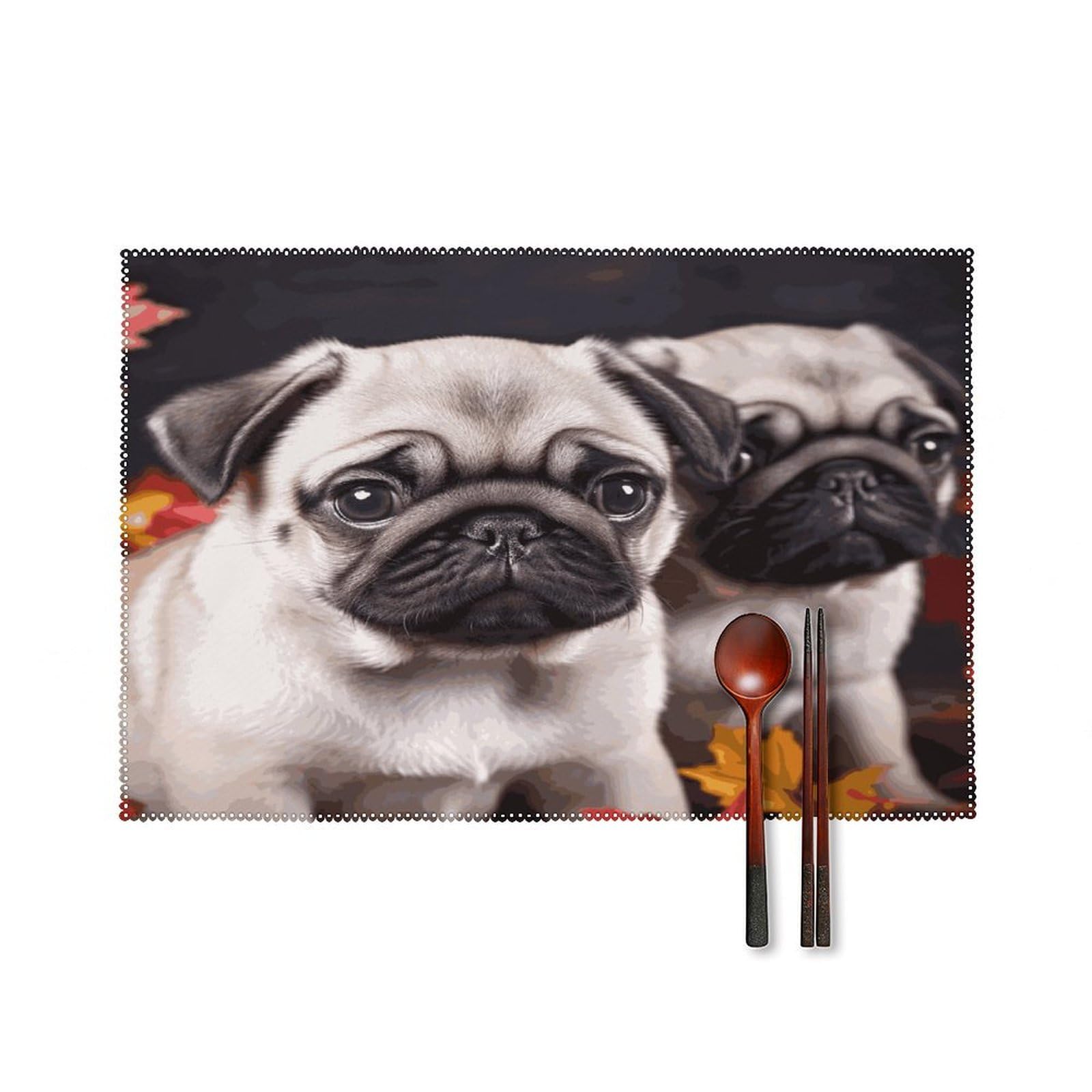 Puppys Pug Placemats Set of 4 Canvas Place Mats Non-Slip Heat Resistant Table Mats Washable Waterproof Placemat Wipeable Tablemats for Kitchen Dining Decor Place Mat
