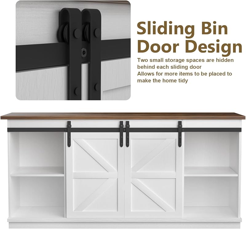 JUMMICO TV Stand for 65 Inch TV, Sliding Barn Doors, Bright White image 4