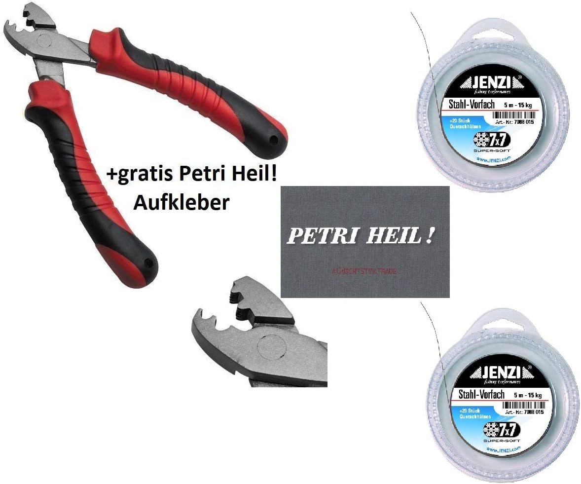 Top Leader Set 2 x Steel Leader 7 x 7 15 kg, 5 m, 20 Crimp Sleeves Pliers & Free Petri Heil! Sticker