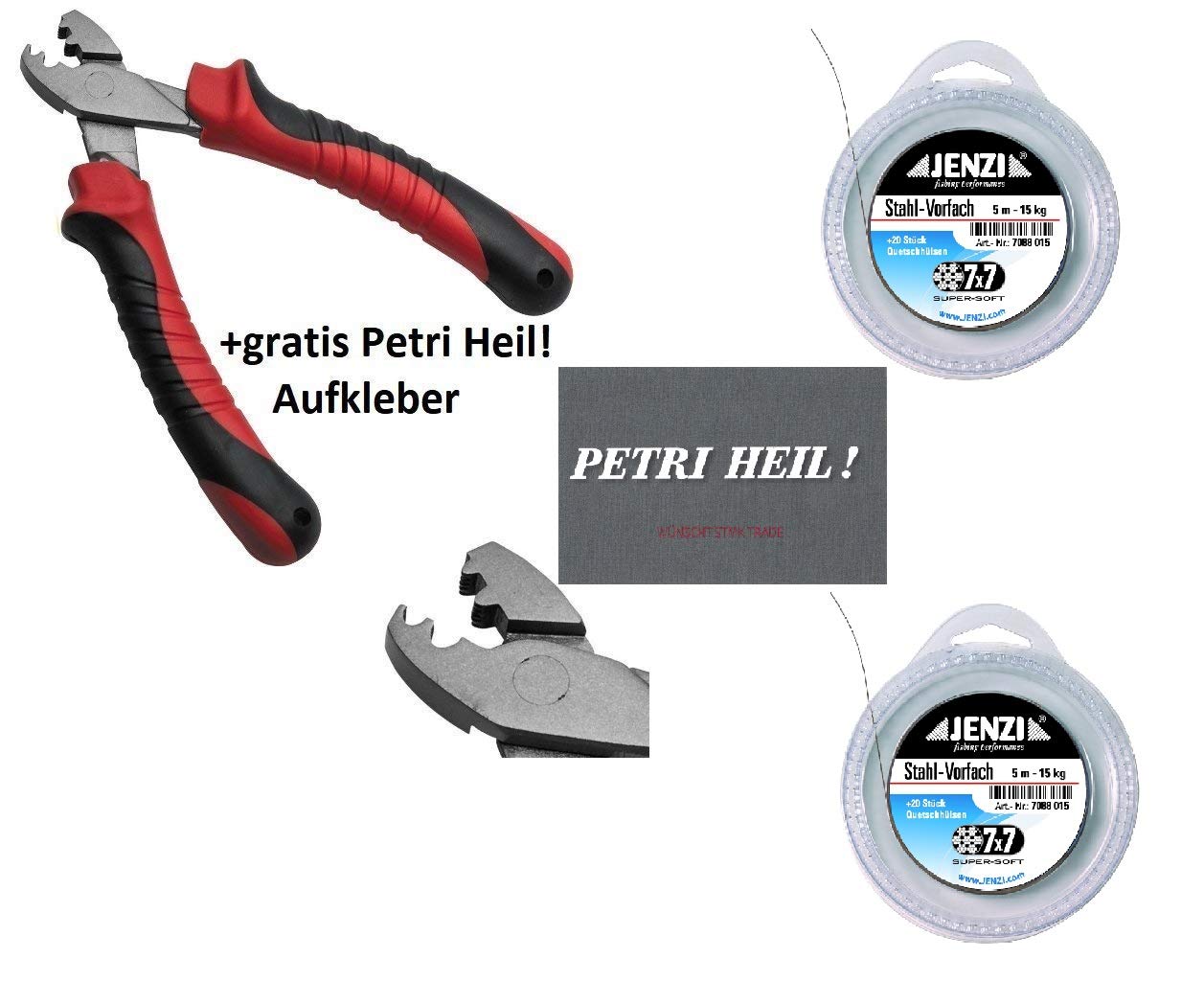 Top Leader Set 2 x Steel Leader 7 x 7 15 kg, 5 m, 20 Crimp Sleeves Pliers & Free Petri Heil! Sticker