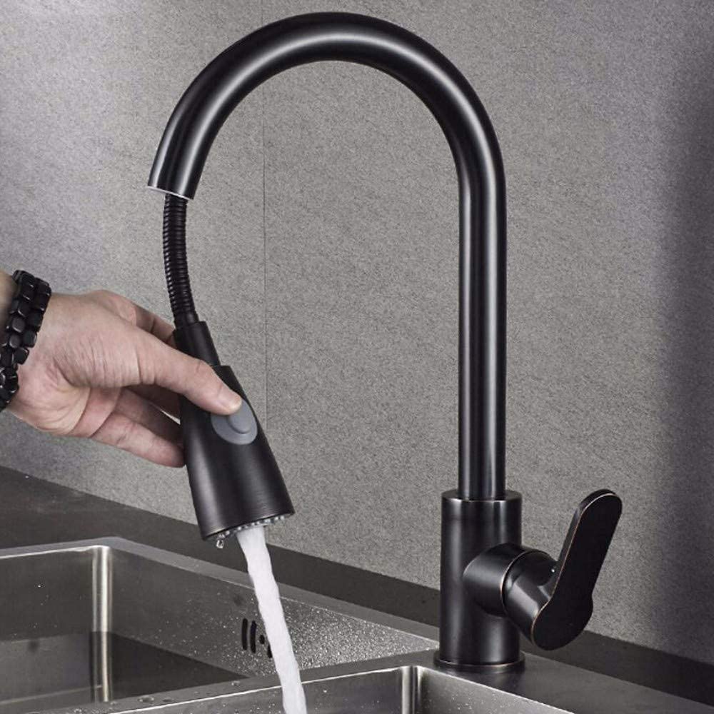 Kitchen Mixer tap All-Copper Drawing Kitchen Cold and Hot Water Faucet Universal Rotary Flume,Black F Needed